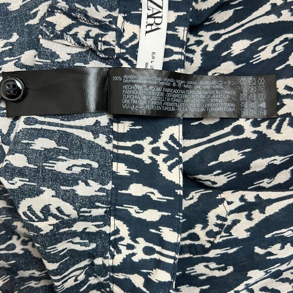 Zara Pants Womens Large Blue Off White Print Straight Leg Button Fly Lightweight - Picture 13 of 16